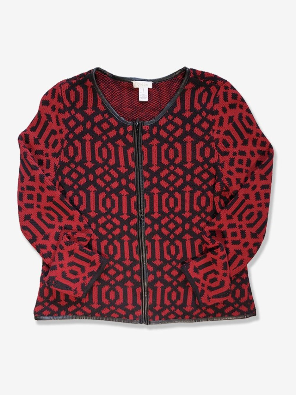 Chicos Corporate Knit Cardigan Red Black Geometric Long Sleeve Office Jacket